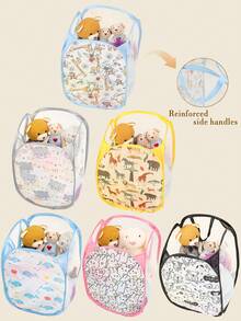 1 pieza/3 piezas Cesta de almacenamiento plegable con asa y malla con diseño de animales de dibujos animados para bebés y niños, adecuada para almacenar aperitivos, juguetes y ropa tanto en interiores como en exteriores - Multicolor - Ver 2