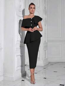 Bandage Women's Fitted Sexy Button Layered Dress - Black - View 4