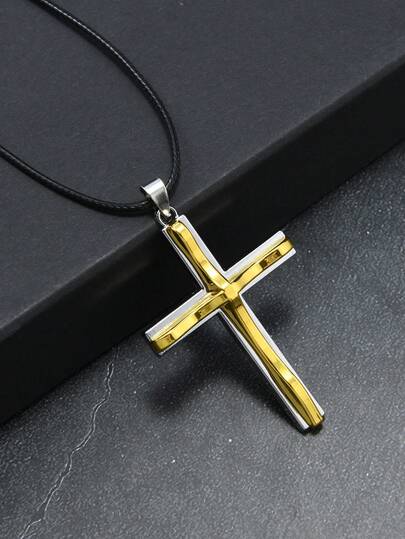 1件双色十字架合金吊坠项链，不锈钢男女通用嘻哈配饰，适合日常佩戴，礼品