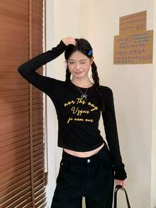 Women's Fitted Short Long Sleeve T-Shirt, Minimalist American Letter Print, Layered With Black Top, Autumn - Black - View 5