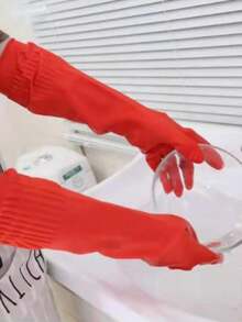 Household Dishwashing Gloves, Kitchen Latex Gloves, Extra Long Rubber Waterproof Cleaning Gloves For Home Use - Red - View 6