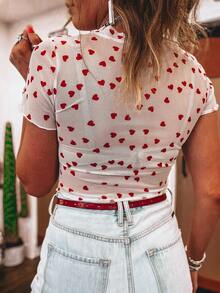 Women's Red Heart Print Mesh Sheer Fitted Short Sleeve Top, Valentine's Day White - White - View 2