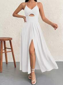 Women Summer Spaghetti Strap Dress Sleeveless V Neck Cutout High Split Smocked Backless Sundress Solid Color Casual Spring Holiday Vacation Beach Dating Wedding Guest Party Maxi Dresses With Pockets