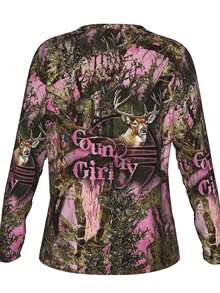 Women'S 3D Printed Long-Sleeve T-Shirt - Pink Camouflage & Deer Hunting Graphic With "Country " Text, Machine Washable All-Season Casual Round Neck Top  Suitable For Daily Wear, Casual Matching, And Layering, Comfortable Casual Shirt, A Casual Holiday Top That Can Be Worn All Year Round, Suitable For Camping Or Hiking - 白色 - 查看 3