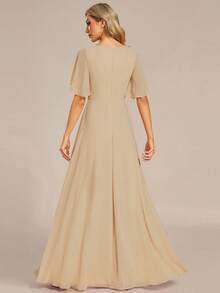 V-Neck Embroidered Ruffle Sleeve Pleated Chiffon Bridesmaid Dress, Formal Dress, Wedding Guest Dress - Champagne - View 3