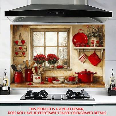 1 st väggklistermärke för kök med rött hjärtatema - 2D platt PVC-dekal, rustik köksredskapsdesign med hjärtan, kastruller och redskap, enkel att applicera för kök och matrumsinredning, mysig heminredning