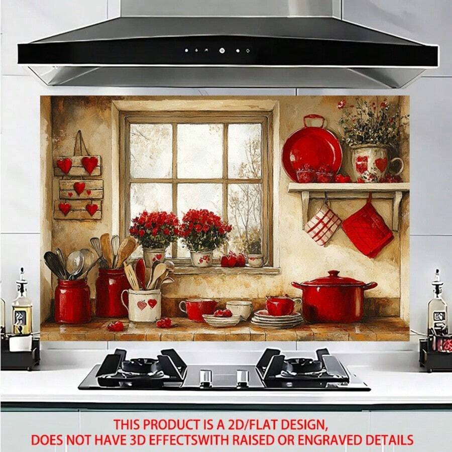 1pc Red Heart Theme Kitchen Wall Sticker - 2D Flat PVC Decal, Rustic Kitchenware Design With Hearts, Pots And Utensils, Easy To Apply For Kitchen And Dining Room Decor, Cozy Home Accent - Multicolor - View 1