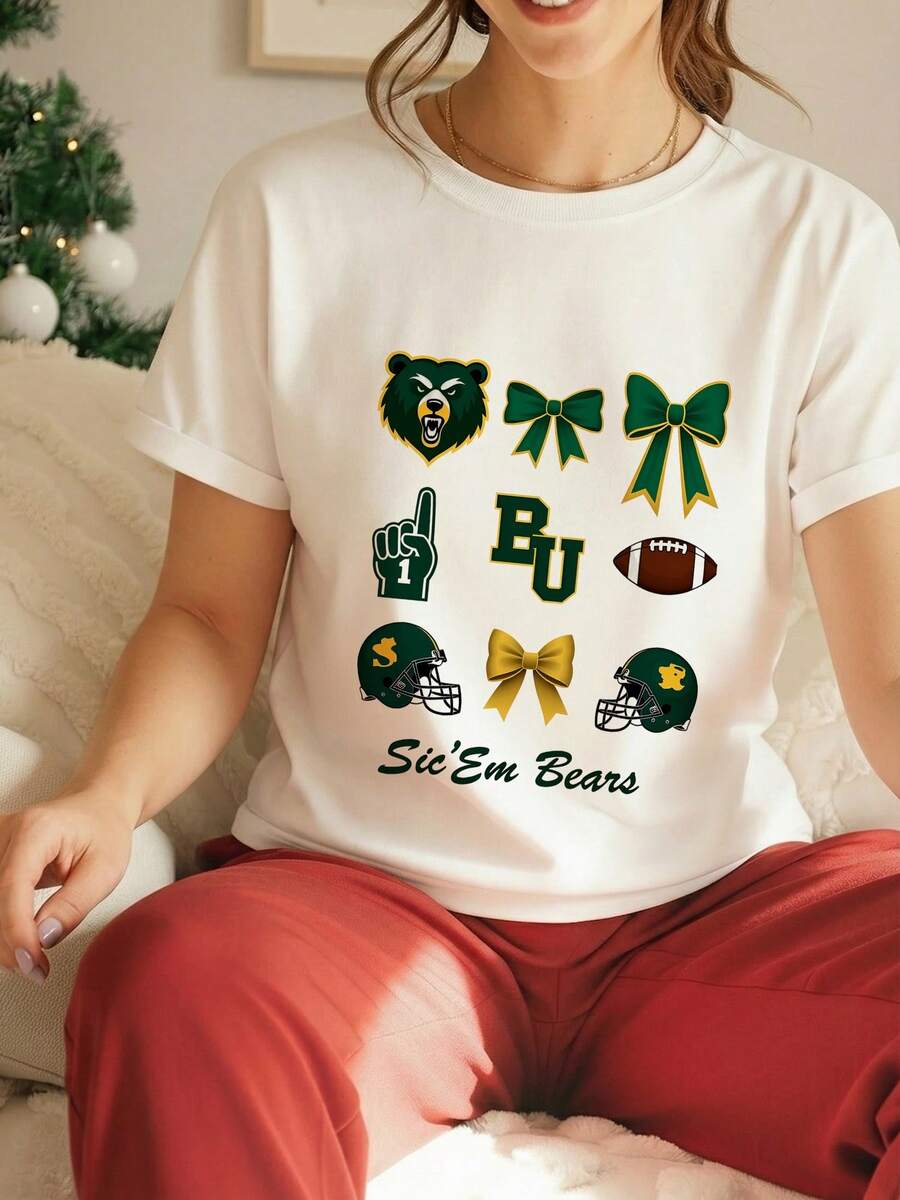 Baylor Bears T-Shirt College Football Shirt Womens Football Bow Tee Sic Em Bears 100% Cotton Crew Neck Short Sleeve Coquette Aesthetic Game Day Graphic BU Logo Ribbon Helmet Gift For Her Cute Sports Fan Apparel Soft Breathable Casual Classic Fit Summer Top-1 - trắng - Xem 1