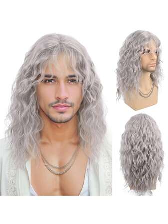 Peluca sintética de 18 pulgadas en gris, negro y blanco - Fibra resistente al calor, gorra de red ajustable con rosa, clips de y correa, unisex, adecuada para disfraz de rockstar y uso casual