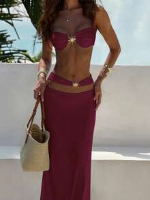 Conjunto de 3 piezas de bikini de estilo europeo sexy para mujer, para vacaciones de verano - Color caoba - Ver 4