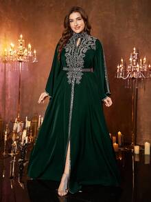 UNITHORSE 大码女式立领荷叶袖奢华缎面高开衩长裙，完美适用于正式场合、盛大晚宴、婚礼、颁奖典礼等。春季 - 墨綠色 - 查看 5