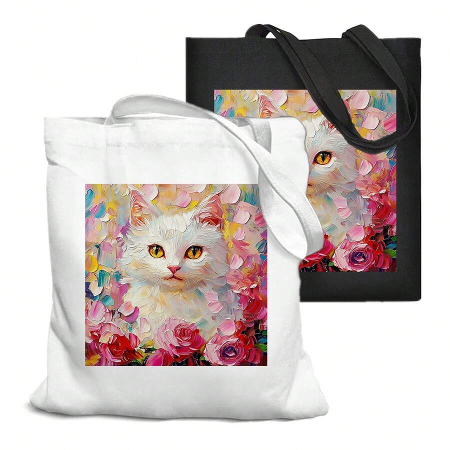 1pc 35*40cm(14*16 Inch) The Glitzy Cat Shopping Bag, Practical Polyester Fabrics Shopping Bag With Durable Shoulder Straps