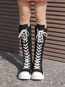 女士大码透气休闲帆布运动鞋，时尚过膝侧拉链靴，适合日常穿着，四季皆宜 - 黑色 - 查看 10