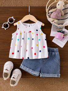 2件套女婴时尚可爱波点无袖上衣和毛边牛仔短裤套装，夏季 - 白色 - 查看 2
