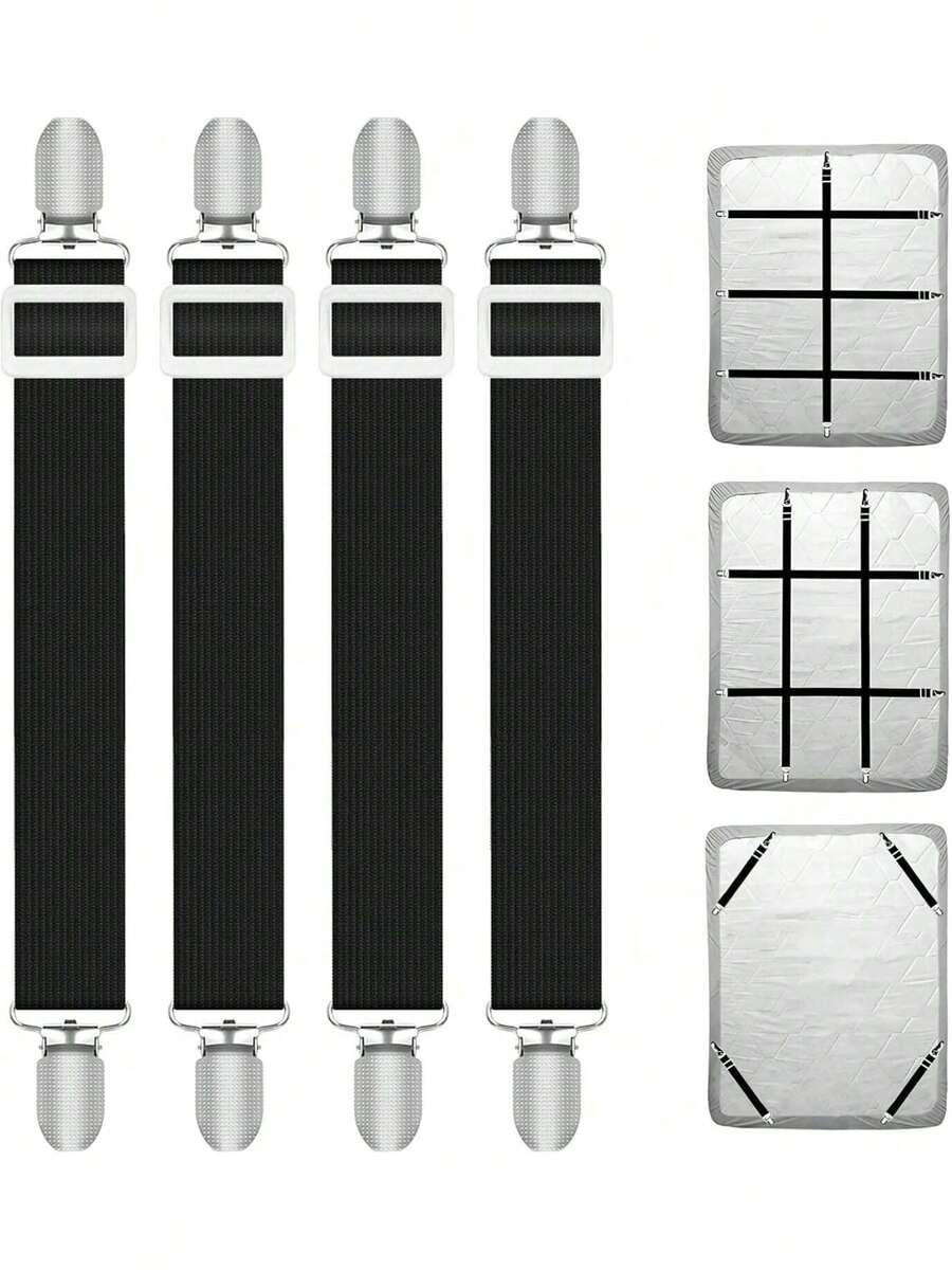 Estilo4 Tensores De SáBanas Ajustables (30 Cm A 130 Cm), Tensores EláSticos Para SáBanas Con Clips De Metal, Correas Tensoras Para ColchóN, SáBanas, SofáSVersióN Mejorada - 8 negros - Ver 1