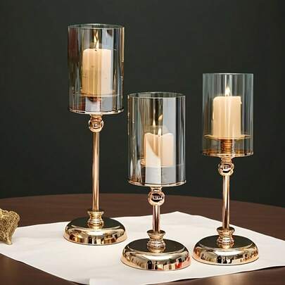 1/3/6 piezas Elegantes soportes de vela de estilo europeo dorados, accesorios de decoración para Pascua, Eid, Navidad, eventos románticos, fiestas, bodas - Soportes de vela de huracán de hierro, soportes de vela cilíndricos (velas no incluidas)