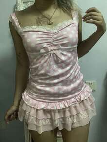 Women Y2k Backless Tank Top Vintage Lace Trim Floral Patchwork Cami Crop Top Summer Party Club Vest 00s Retro Shirt - Hồng - Xem 2