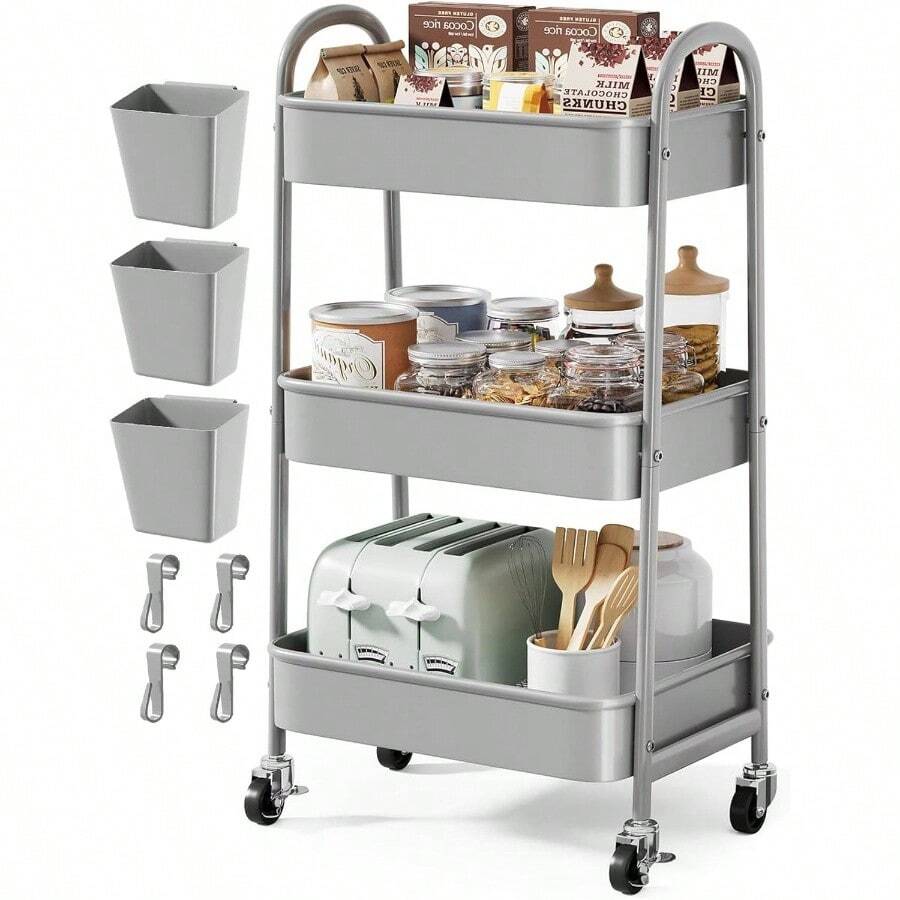3 Tier Rolling Cart Metal With Wheels, Heavy Duty White Three Tiered Cart Organizer On Wheels, Utility Roller Storage Carts Art, Nursery, Diaper Caddy, Snack, Book, Nail, Cleaning Supplies - 簡約灰色 + 三層 + 杯子 + 掛鉤 - 查看 1