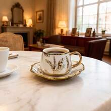 Handpainted Electroplated Ceramic Cup & Saucer Set, Home Decor Coffee Mug, Party Ceramic Water Cup, Couples Holiday Creative Gift Ceramic Cup & Saucer Set, Handpainted Golden Healthy Drinking Coffee 90ML - Multicolor - View 1