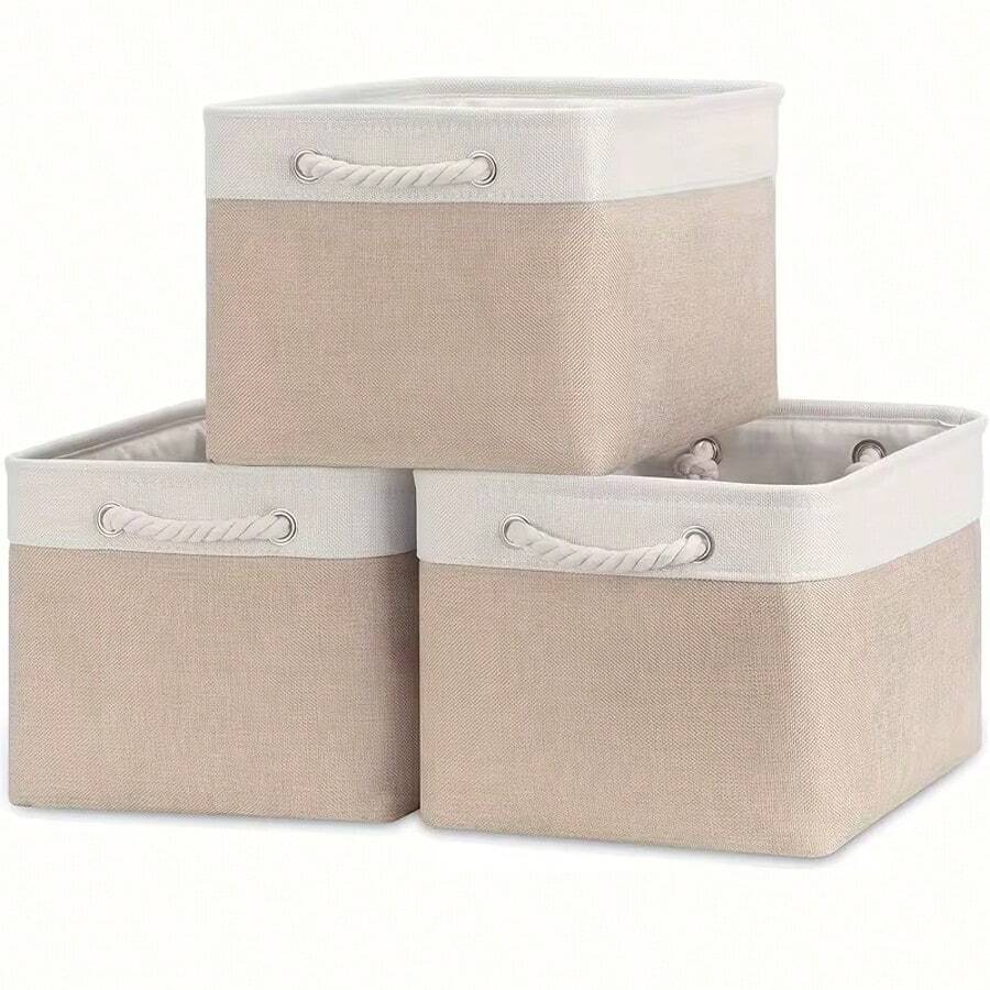 3-Piece Large Folding Storage Box Set With Rope Handles - Multi-Purpose Clothing And Toy Organiser, Bohemian-Style Fabric, Laundry Basket - Khaki - View 1