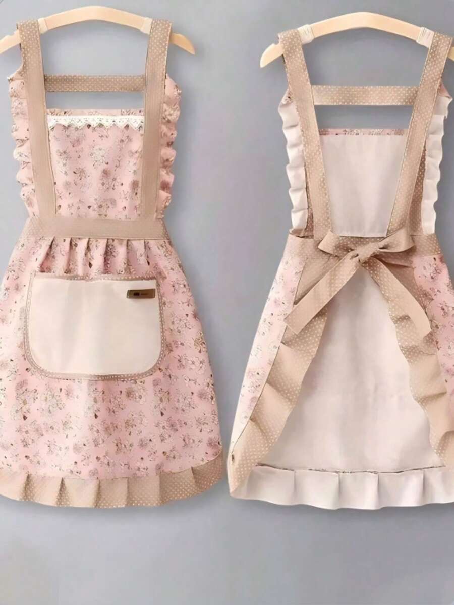 1pc Small Floral Print Apron, Oil & Stain Resistant Princess Dress