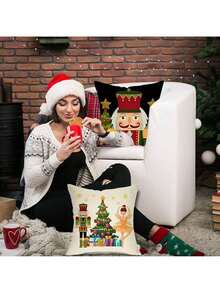 EstiloJuego de 4 fundas de almohada de Navidad , 45 x 45 cm funda de cojín de lino para sofá,Patrón de Navidad Cojín Sofá Decoración, Adecuado para sofá, cama, hogar, automóvil, interior, exterior (F)Versión mejorada - Q - Ver 4