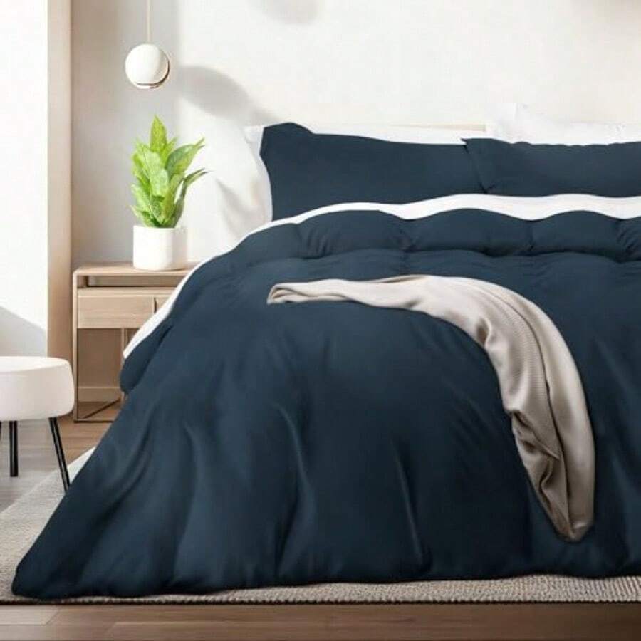 XHJDreamlab Juego de Funda para Edredón 3 Piezas Tela Ultra Suave Premier 1800 de Doble Cepillado Cubia de Duvet y 2 Fundas para Almoada Queen Size 228 x 228 Color Azul Noce - 03AzulNoche - Ver 1