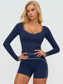 MASKERT 女士运动套装、健身套装、长袖短裤、跑步套装、高弹力健身瑜伽套装、休闲家居服、舒适亲肤、百搭 - 藏蓝色 - 查看 4