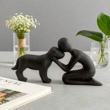 Handmade Resin Boy Hugging Dog Angel Statue, Commemorative Gift For The Friendship Between Humans And Dogs, Symbol Of Loyalty And Friendship, Expression Of Love For Pets, Adorable Puppy, Perfect Home Decor And Gift For Animal Lovers, Decoration For Home And Office, Desktop Decor - Sitting Posture Of People and Dogs - View 2