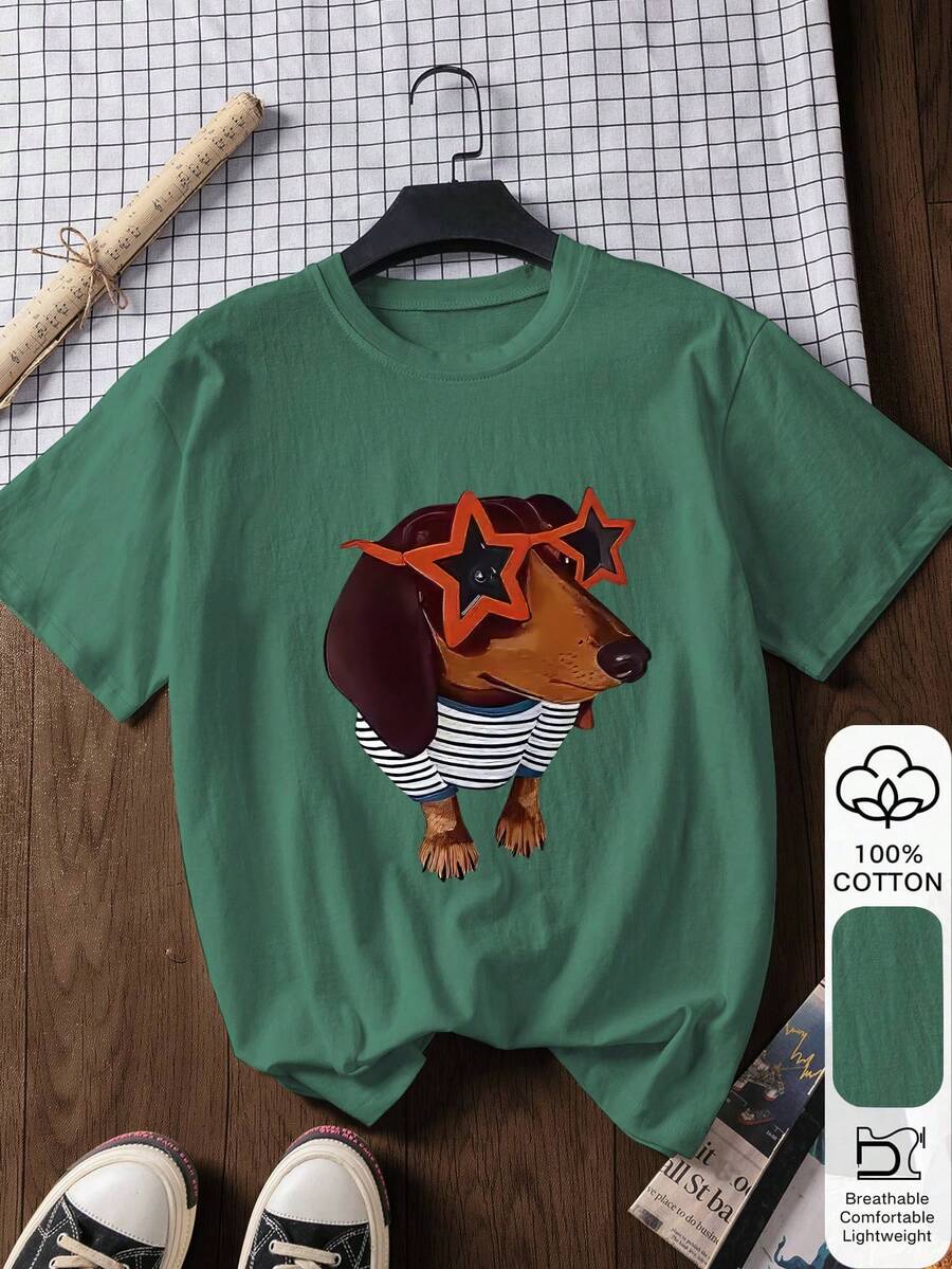 2026 腊肠犬印花 100% 纯棉短袖 T 恤，夏季 T 恤，图案 T 恤，休闲夏季，纯棉 T 恤，夏季上衣，东方美学街头风 T 恤 - 100% 优质纯棉复活节 T 恤，2026 返校季，校园穿搭灵感，返校必备，开学第一天，2026 返校时尚，复古女式上衣，学院风 - 綠色 - 查看 1