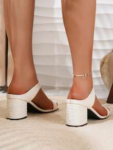 Women's Fashion T-Strap Thick Heel Slide Sandals, Square Toe High Heel Sandals - White - View 5