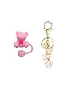 2个泰迪熊吸管帽，硅胶吸管盖，花卉字母吊坠，26个花卉字母吊坠，适用于各种杯子，10毫米防尘可重复使用吸管套，适用于30/40盎司带把手玻璃杯，是咖啡/茶爱好者的理想圣诞礼物，多种款式可选