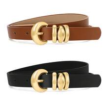 2条装时尚女士亮金色扣PU皮带，适合搭配牛仔裤、休闲裤、连衣裙 - 黑色+棕色 - 查看 12