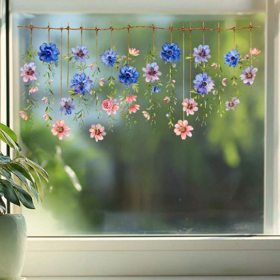 Spring 1pc 2D Flat-Printed Flowers Window Sticker, Spring Rope Hanging Flower Design Wall Sticker | Creative Self-Adhesive Removable Self Adheisve PVC Window Decal For Living And Bedroom Areas, Single Use - Multicolor - View 1