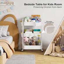 3 Tier Rolling Cart Metal With Wheels, Heavy Duty White Three Tiered Cart Organizer On Wheels, Utility Roller Storage Carts Art, Nursery, Diaper Caddy, Snack, Book, Nail, Cleaning Supplies - Pure White + 3 Tier+Cups+Hooks - View 4