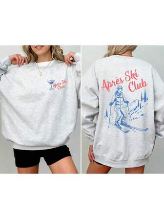 Hanorac Après-Ski pentru fete, excursie la schi, hanorac retro Après-Ski pentru femei, hanorac casual cu guler rotund pentru femei, cu umeri căzuți