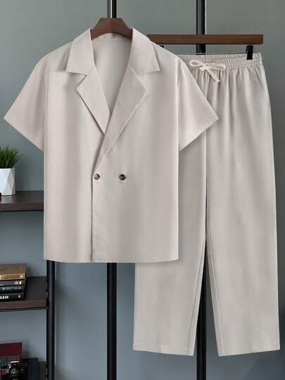 Plus Size Men's Loose Short Sleeve Pants Set, Woven Straight Collar Solid Color Casual Suit, Daily Commute