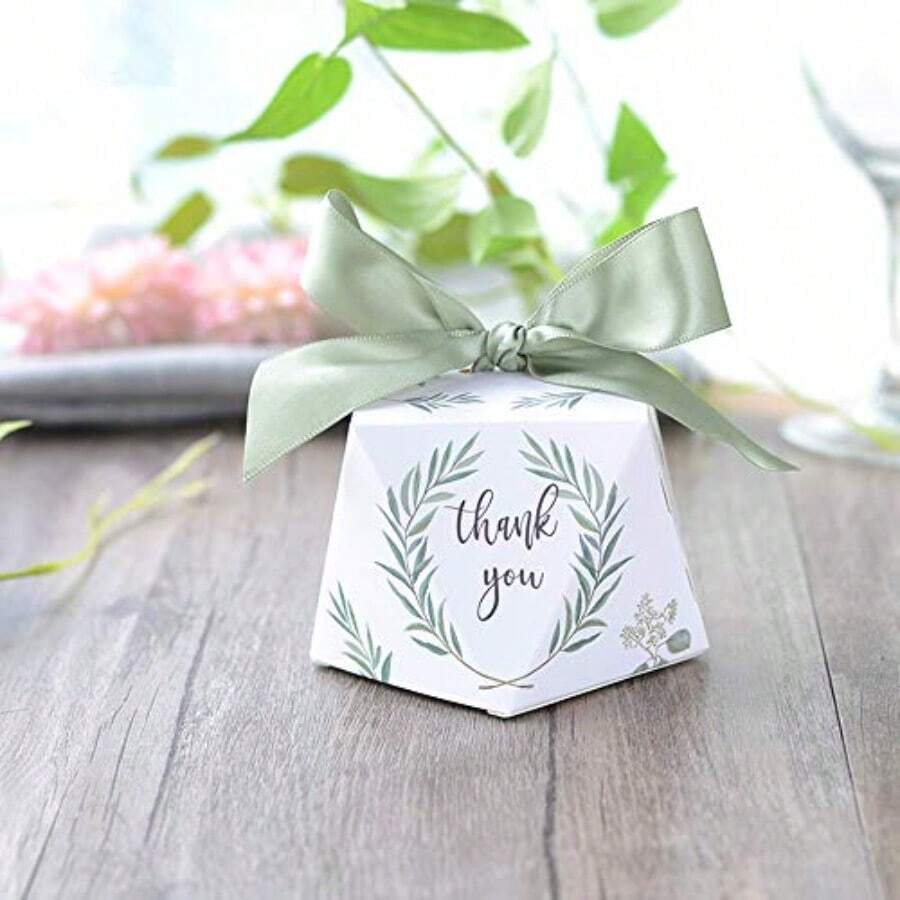 Diamond Shape Green Forest Style Candy Boxes Wedding Favors Bomboniere Paper Party Chocolate Gift B Box 50pcs - blancoverde - Ver 1