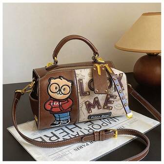 1pc Vintage Bear Print Multi-Functional Boston Handbag, Large Capacity Shoulder Tote Bag