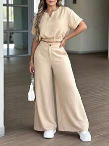 Conjunto de 2 peças com Zíper e Botão em Cor Sólida Elegante Feminino, Adequado para Uso Diário e Férias, Primavera/Verão - Damasco - Visão 3