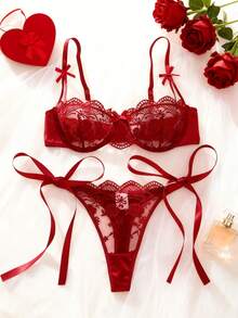 2-Piece Women's Sexy Lingerie, Burgundy Embroidered Lace-Up With Thong - 酒紅色 - 查看 2