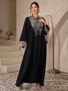 1pc Muslim Women's Gold Embroidered Abaya Robe - Embroidery Design, Long Sleeve Festival Dress Suitable For Eid, Weddings And Religious Ceremonies, Traditional Muslim Clothing - Black - View 5