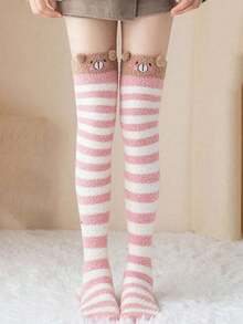 1 Pair Women's Cartoon Cute Thigh High Socks With Thermal Lining, Striped Over-The-Knee Socks