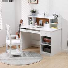 Huisuilinss Kids Desk And Chair Set,Wood Children Study Table,Student Writing Table Computer Workstation With Storage Shelf,Bulletin Board,Keyboard Stand And Pen Holder For Boys and Girls - Blanco - Ver 6