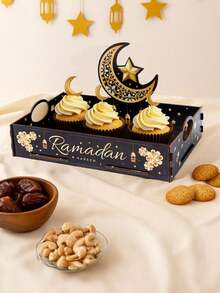 1pc Ramadan Crescent Moon & Star Wooden Tray, Party Snacks & Beverage Wooden Storage Box, Islamic Style Dessert Cake Wooden Display Tray, Arabian Style Tabletop Sweets & Snacks Wooden Serving Tray, Ramadan Blessings - Multicolor - View 3