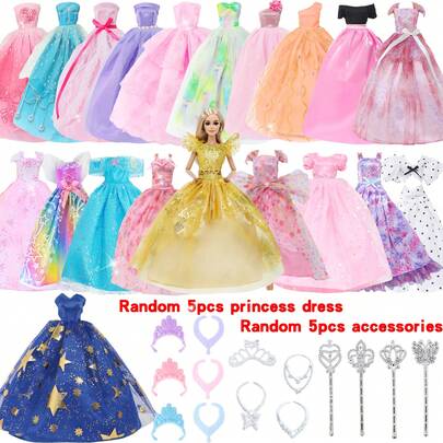 10PCS Of Doll Princess Dress And Accessories,Featuring 5 Random Princess Dresses And 5 Random Accessories, Ball Gown,Evening Gown,Princess Dress And Various Styles Of Maxi Dresses Available,Suitable For Dolls Measuring 11.5 Inches In Size (NO DOLL)