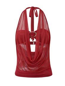 Women's Y2k Halter Top Tie Open Back Rave Going Out Tops Draped Cowl Neck Mesh Ruched Tank With Metal Ring Bendeau Bra Party Clubwear - 紅色 - 查看 9