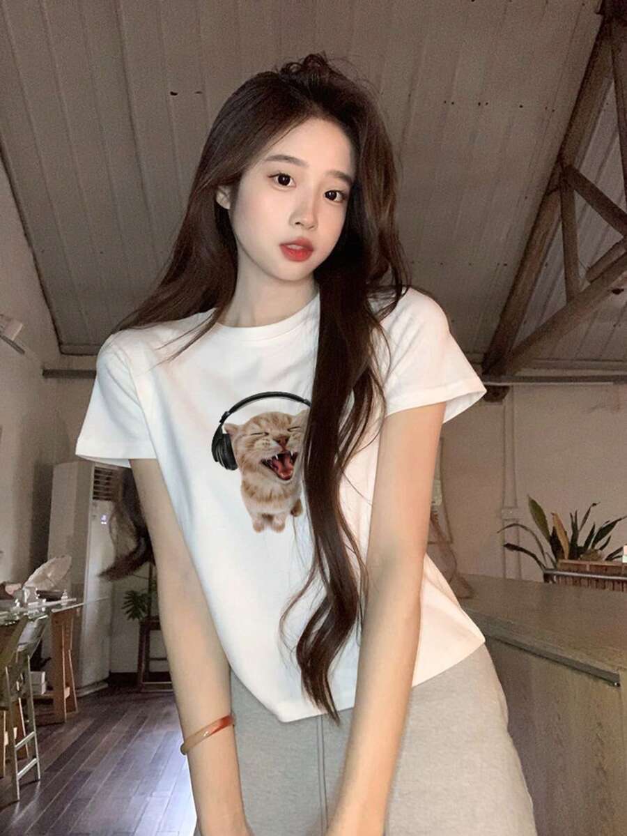 白色短袖休闲猫咪耳机印花T恤,女士夏季款 - 白色 - 查看 1