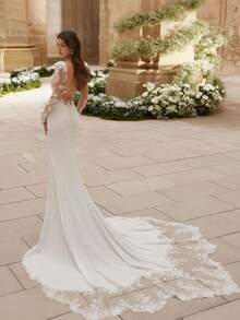 Vestido de novia sexy desmontable profundo V pura encaje satén sirena vestido de novia con chal de encaje y tren, mangas largas, vestidos de novia para la novia, elegante y cómodo, incluye tamaños más, vestido de novia, vestidos formales para las mujeres, adecuado para la boda, fiesta, vacaciones, novia, ocasiones formales, vestido de cena, vestido de baile, vestido después de la fiesta, vestido de regreso a casa, fiesta de cóctel, fiesta de cumpleaños, celebración, gala, festival, ceremonia - Blanco - Ver 2