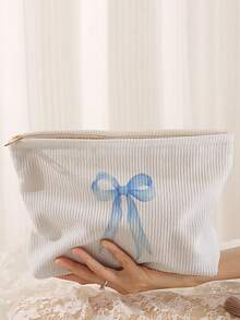 حقيبة مكياج من الكوردروي بنمط الفيونكة، حقيبة مكياج خفيفة الوزن مزودة بسحاب، حقيبة تخزين مستحضرات التجميل المحايدة، منظم مكياج، حقيبة غسيل، حقيبة سفر للمستحضرات - متعدد الألوان - مشاهدة 9